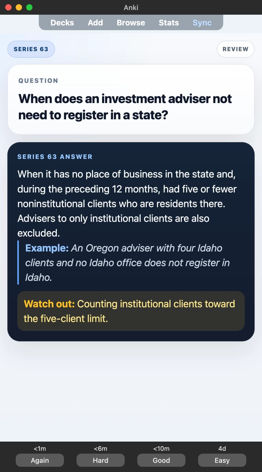 Sample Anki card: When does an investment adviser not need to register in a state?