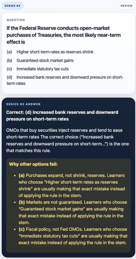Sample Anki card: If the Federal Reserve conducts open-market purchases of Treasuries, the most likely near-term effect is