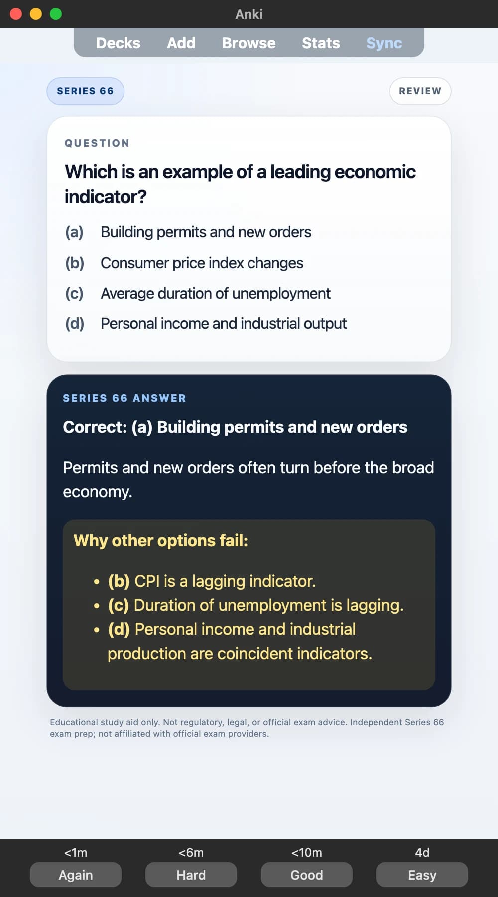 Sample Anki card: Which is an example of a leading economic indicator?