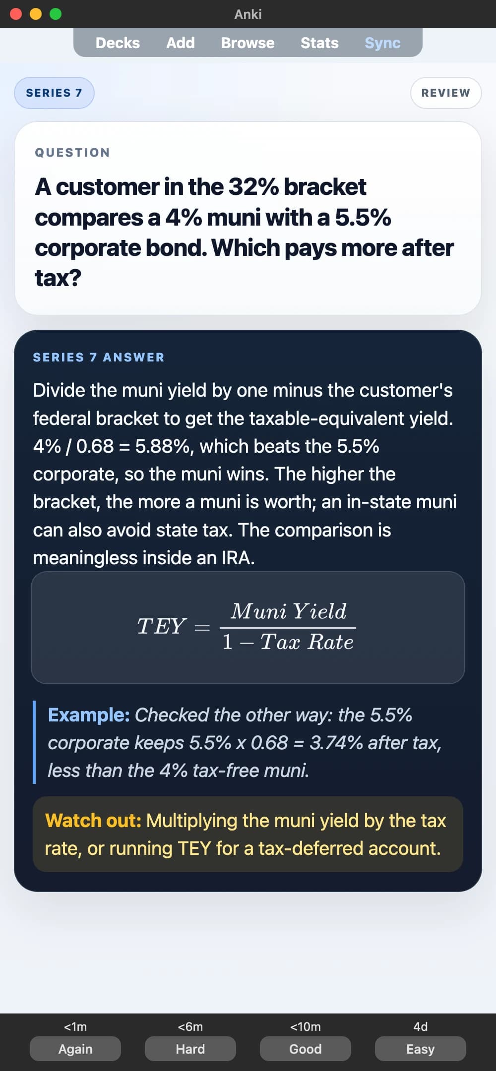 Sample Anki card: A customer in the 32% bracket compares a 4% muni with a 5.5% corporate bond. Which pays more after tax?