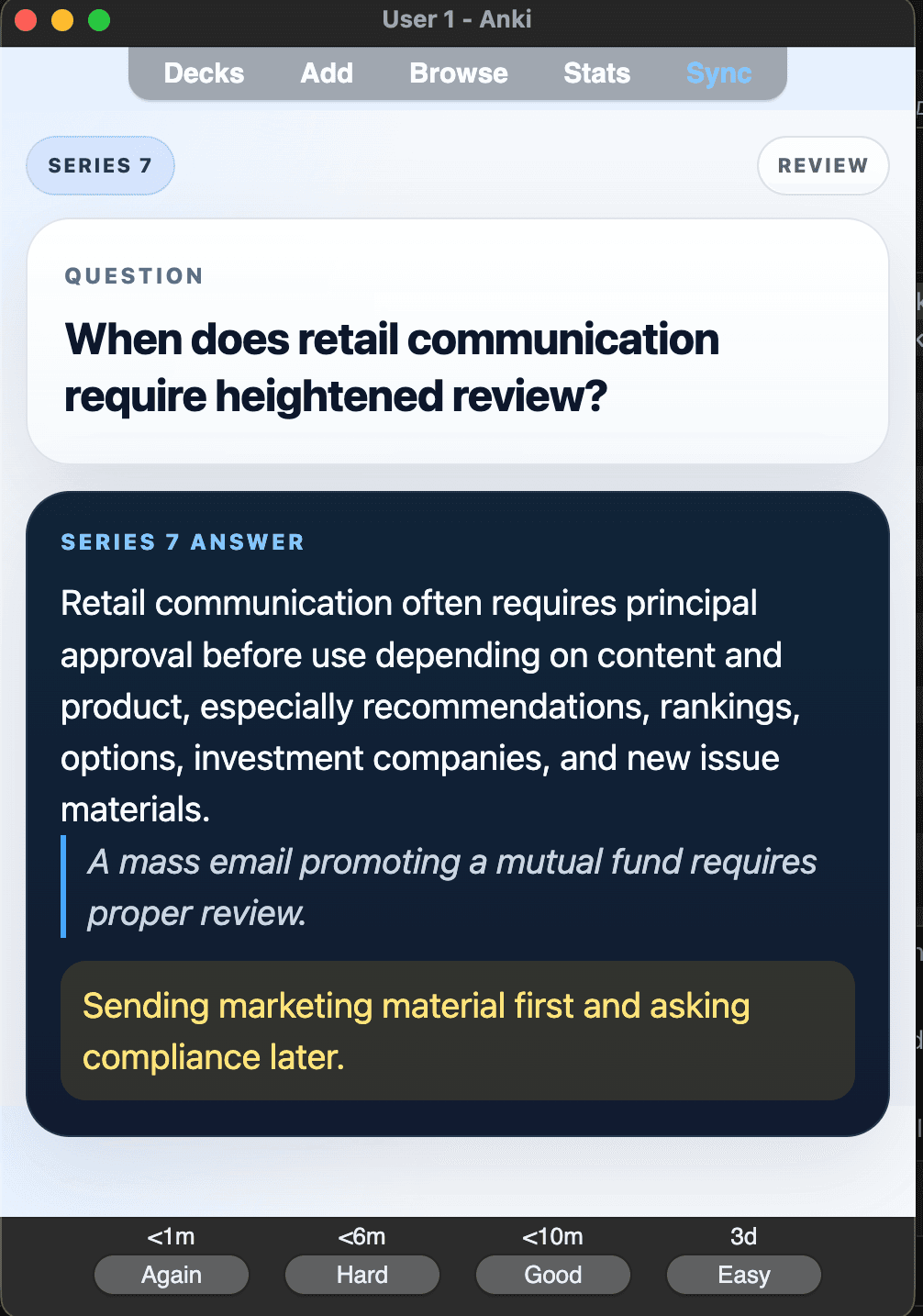 Sample Anki card: When does retail communication require heightened review?
