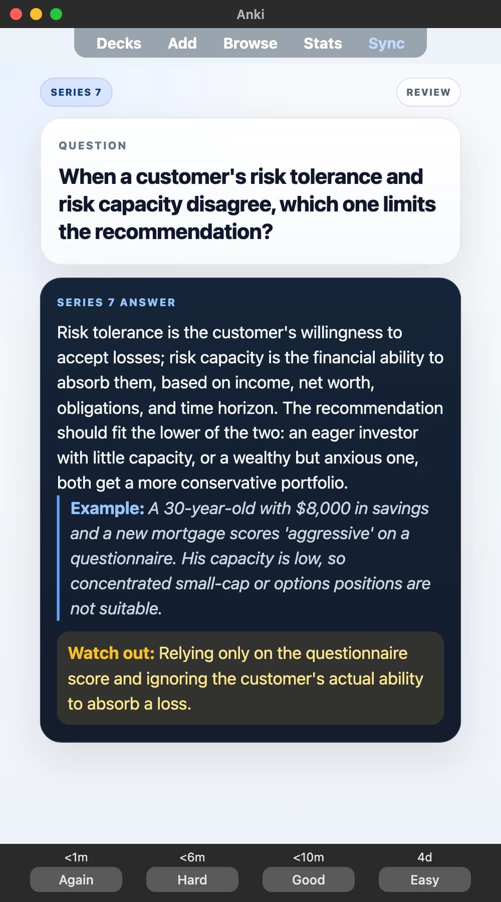 Sample Anki card: When a customer's risk tolerance and risk capacity disagree, which one limits the recommendation?