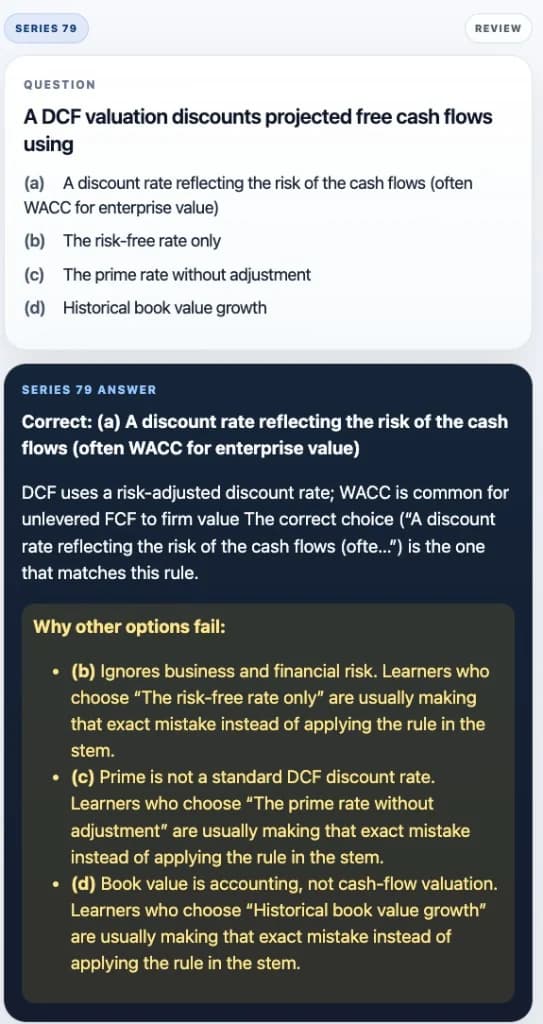 Sample Anki card: A DCF valuation discounts projected free cash flows using