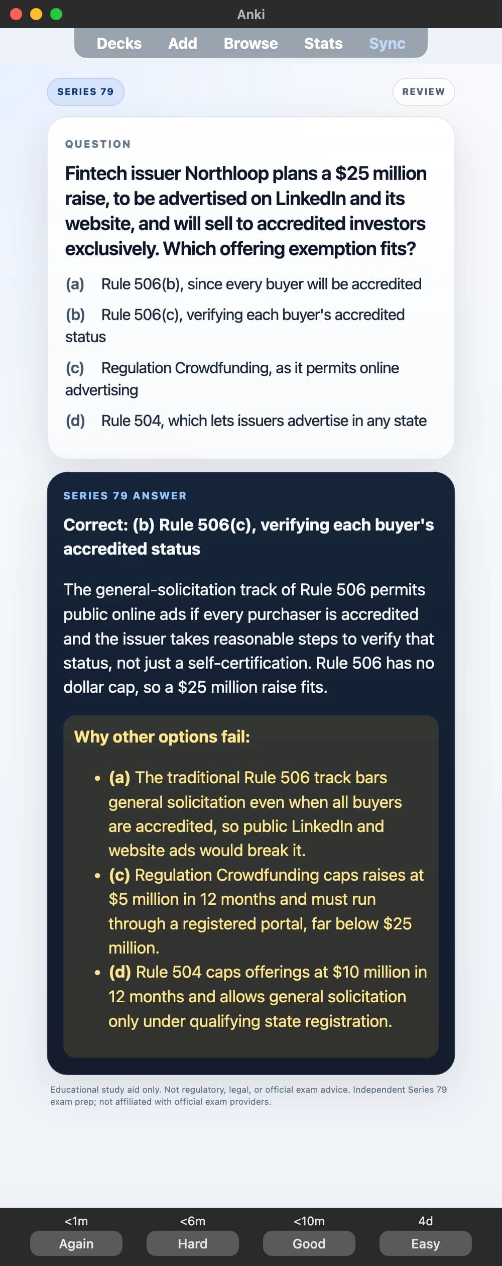 Sample Anki card: Fintech issuer Northloop plans a $25 million raise, to be advertised on LinkedIn and its website, and will sell to accredited investors exclusively. Which offering exemption fits?