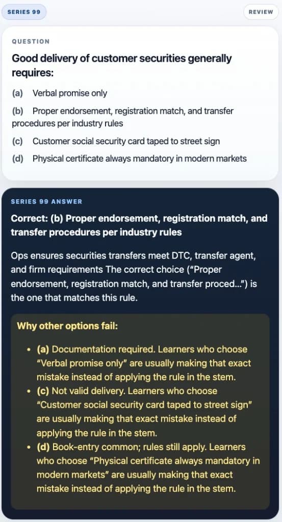 Sample Anki card: Good delivery of customer securities generally requires: