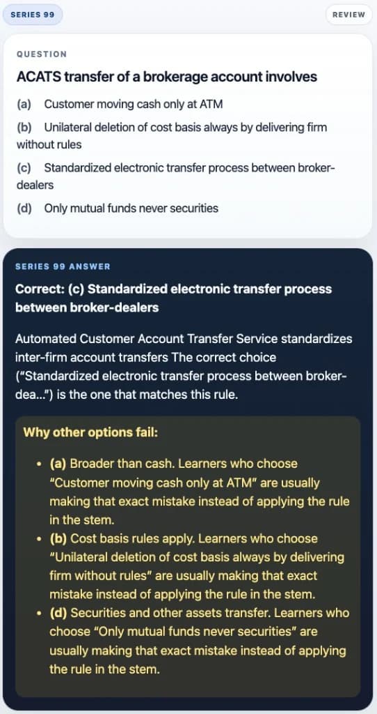 Sample Anki card: ACATS transfer of a brokerage account involves