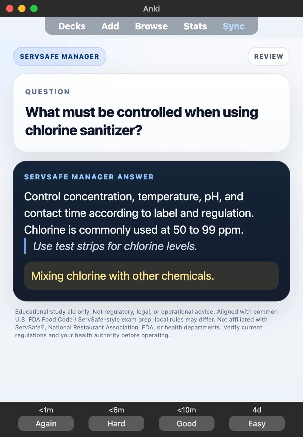 Sample Anki card: What must be controlled when using chlorine sanitizer?
