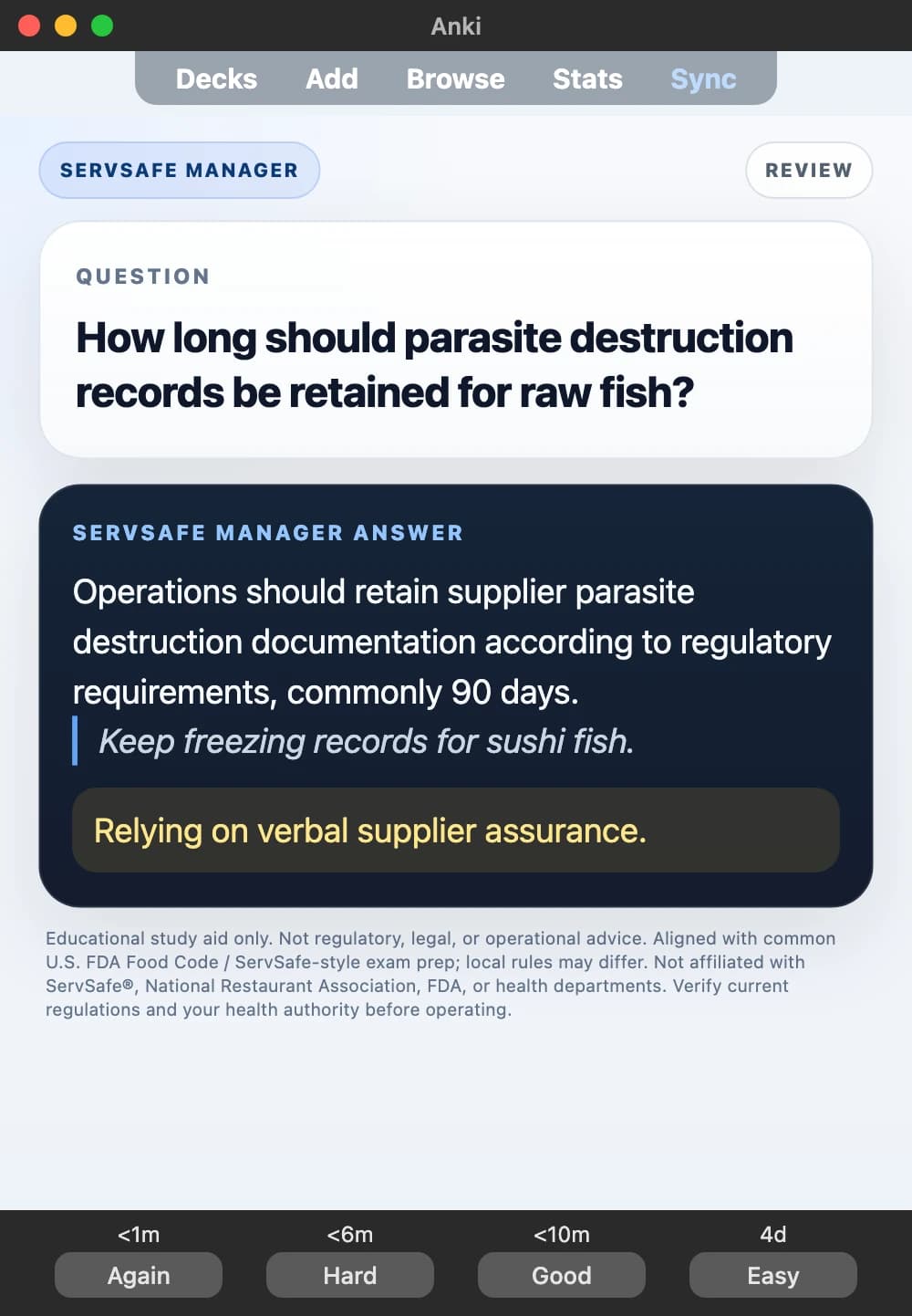 Sample Anki card: How long should parasite destruction records be retained for raw fish?