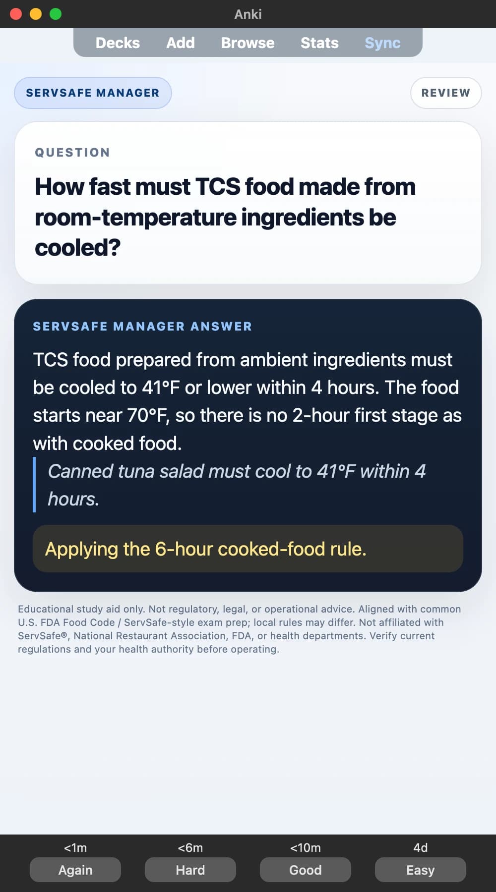 Sample Anki card: How fast must TCS food made from room-temperature ingredients be cooled?