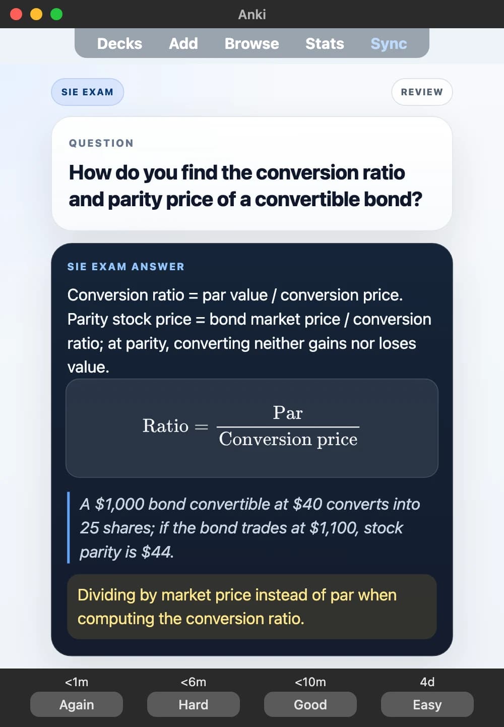 Sample Anki card: How do you find the conversion ratio and parity price of a convertible bond?