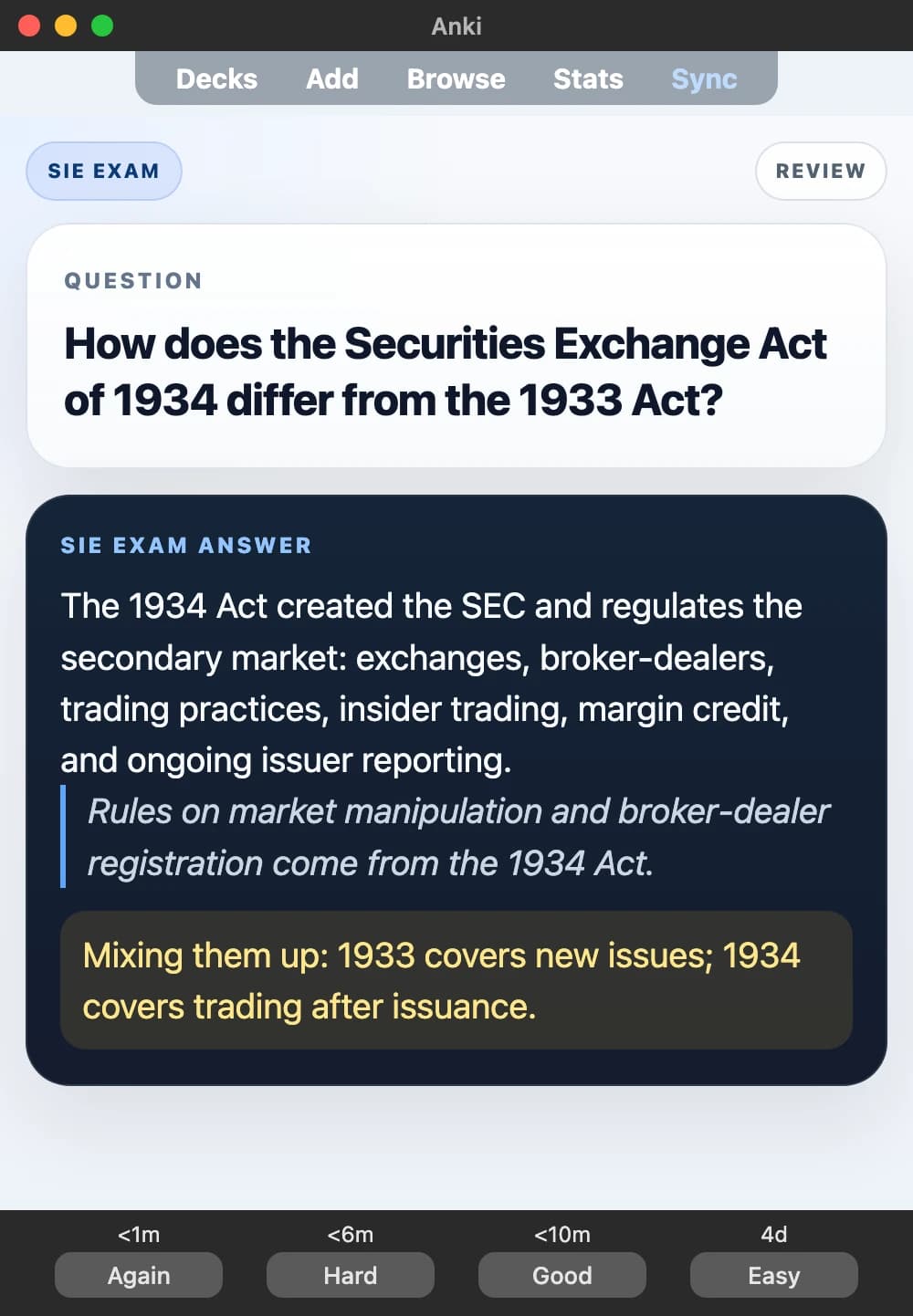 Sample Anki card: How does the Securities Exchange Act of 1934 differ from the 1933 Act?