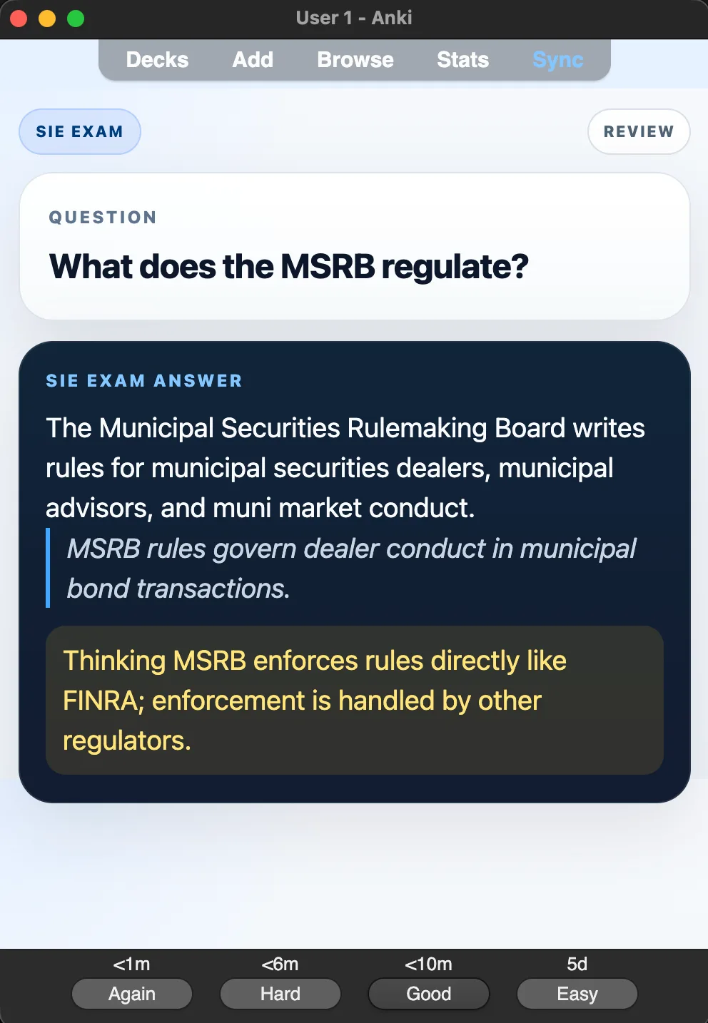 Sample Anki card: What does the MSRB regulate?