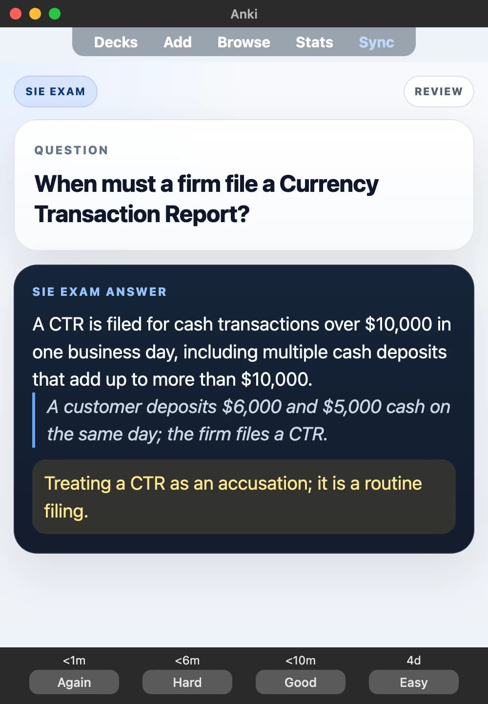 Sample Anki card: When must a firm file a Currency Transaction Report?