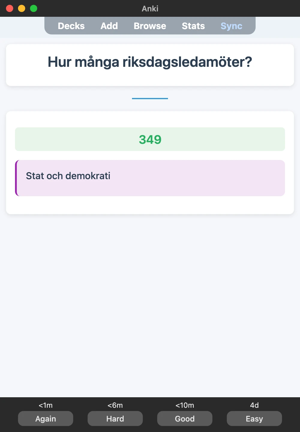 Sample Anki card: Hur många riksdagsledamöter?