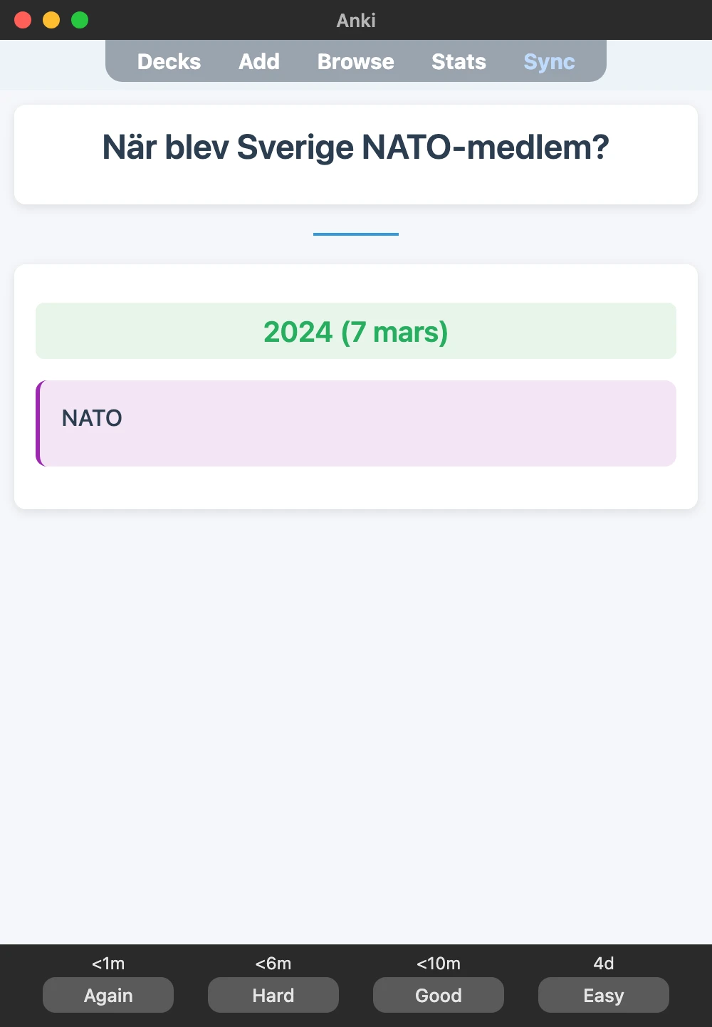 Sample Anki card: När blev Sverige NATO-medlem?