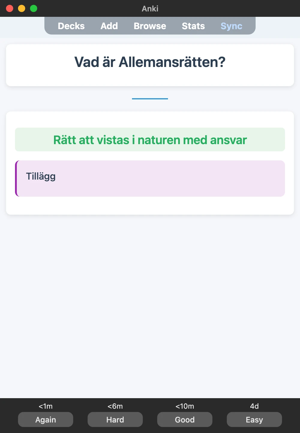 Sample Anki card: Vad är Allemansrätten?