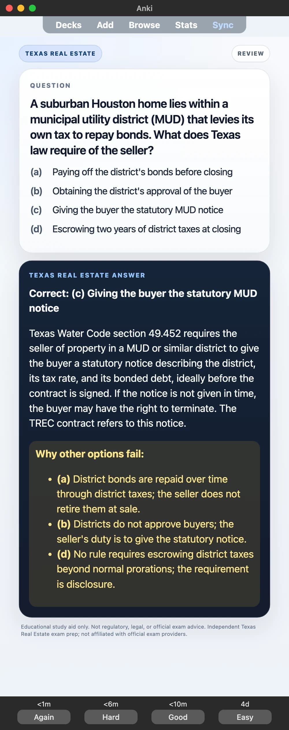 Sample Anki card: A suburban Houston home lies within a municipal utility district (MUD) that levies its own tax to repay bonds. What does Texas law require of the seller?