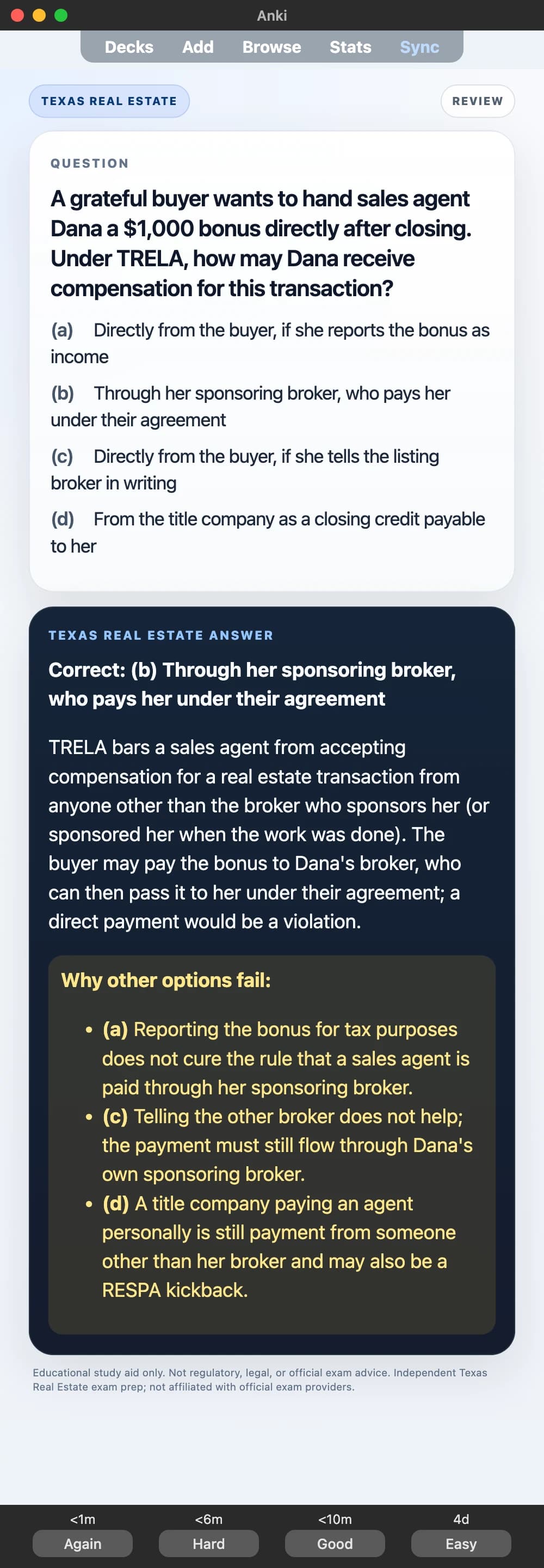 Sample Anki card: A grateful buyer wants to hand sales agent Dana a $1,000 bonus directly after closing. Under TRELA, how may Dana receive compensation for this transaction?