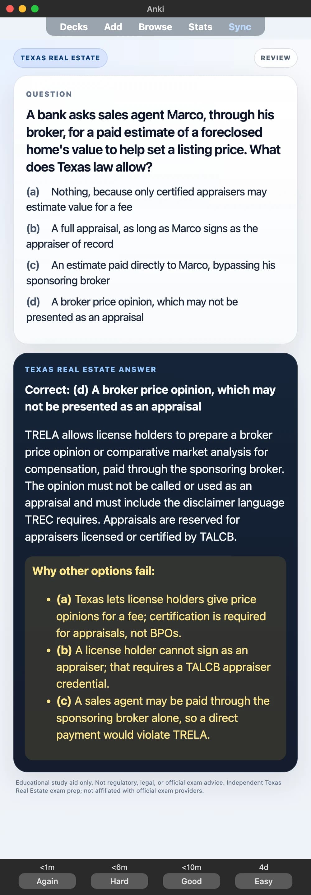 Sample Anki card: A bank asks sales agent Marco, through his broker, for a paid estimate of a foreclosed home's value to help set a listing price. What does Texas law allow?