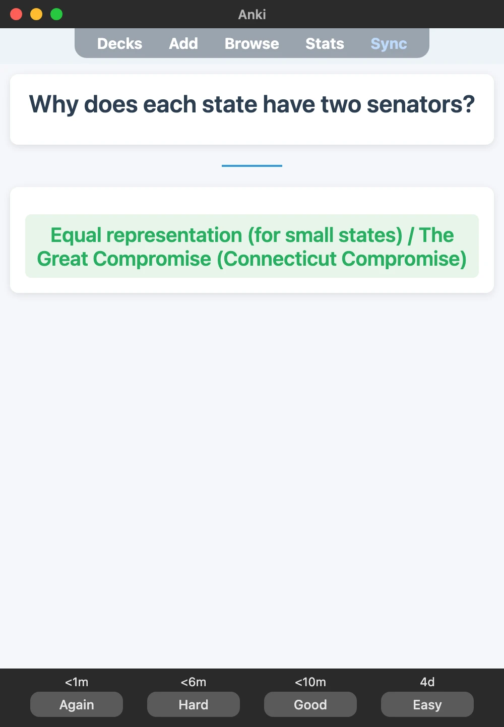 Sample Anki card: Why does each state have two senators?