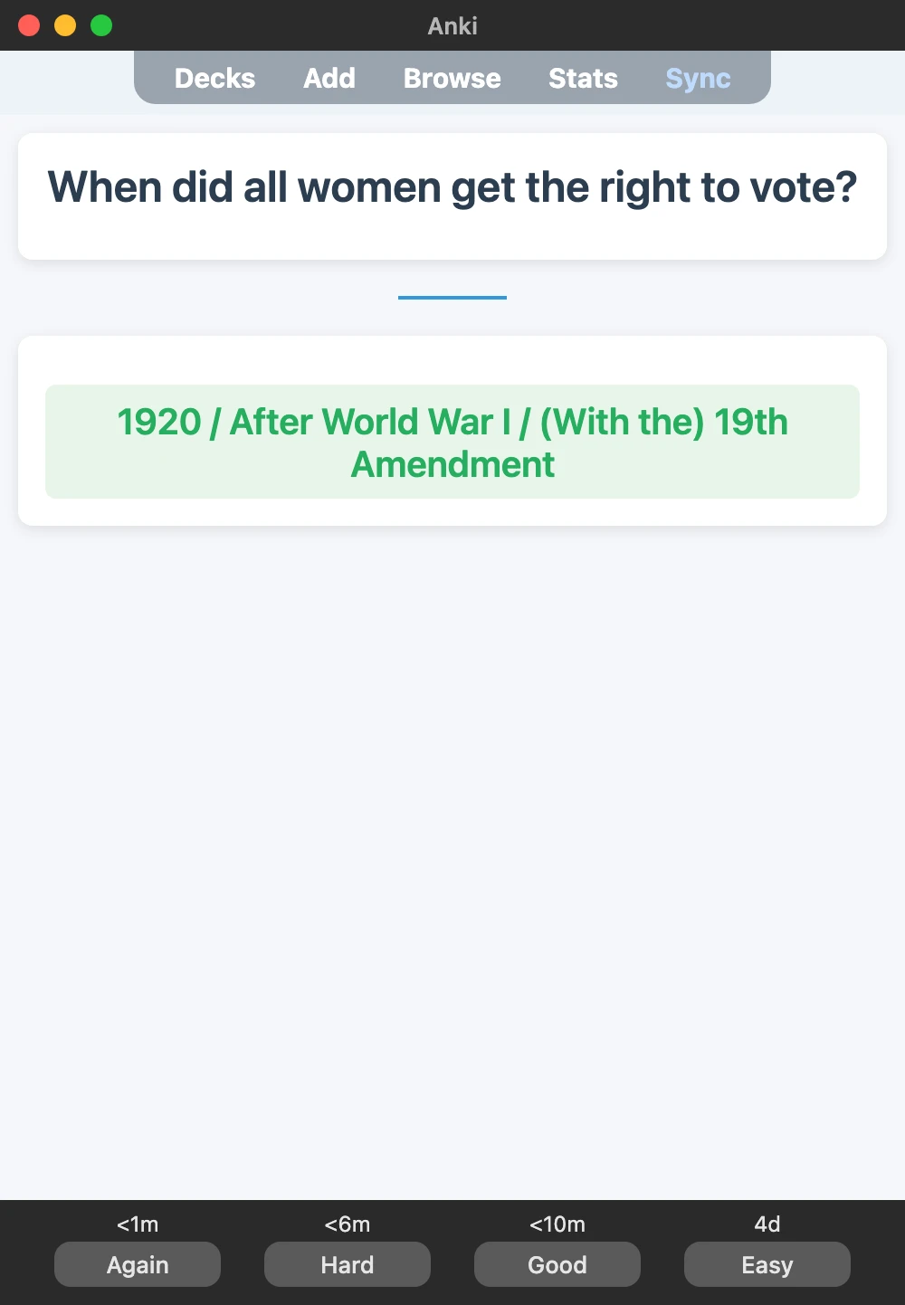 Sample Anki card: When did all women get the right to vote?