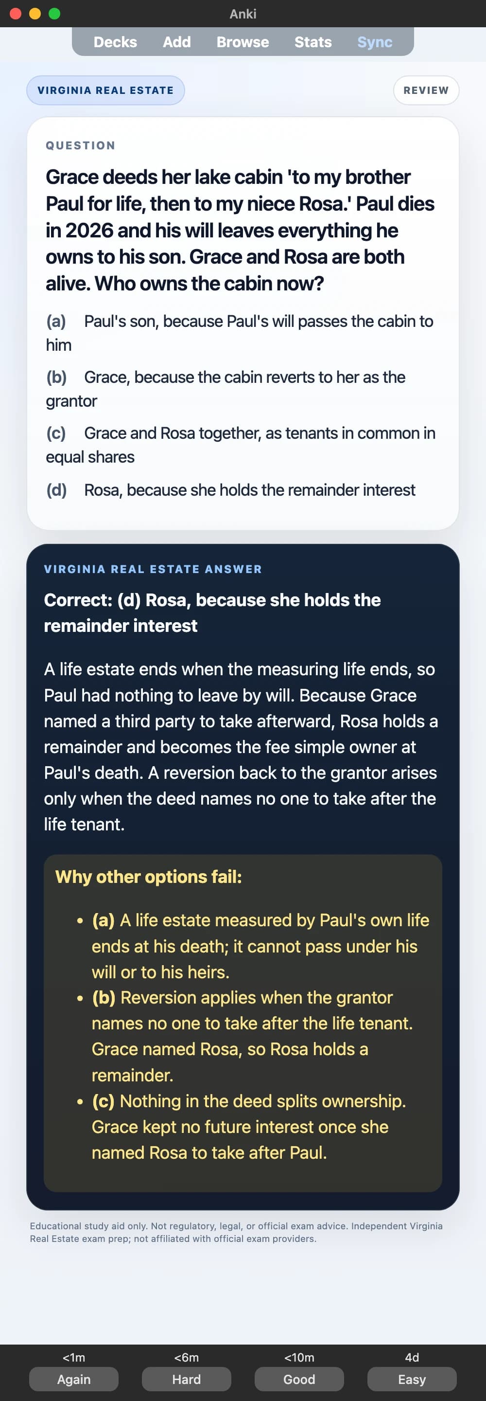 Sample Anki card: Grace deeds her lake cabin 'to my brother Paul for life, then to my niece Rosa.' Paul dies in 2026 and his will leaves everything he owns to his son. Grace and Rosa are both alive. Who owns the cabin now?