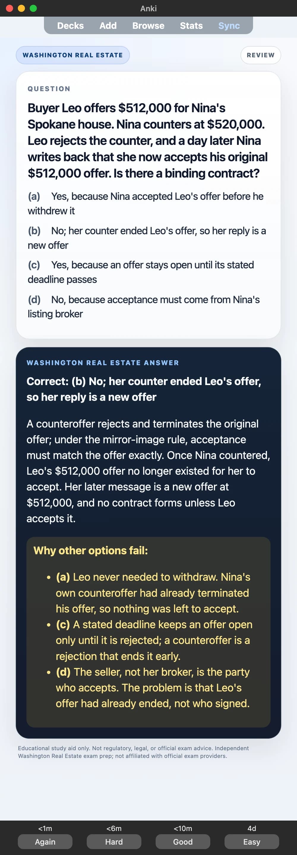 Sample Anki card: Buyer Leo offers $512,000 for Nina's Spokane house. Nina counters at $520,000. Leo rejects the counter, and a day later Nina writes back that she now accepts his original $512,000 offer. Is there a binding contract?
