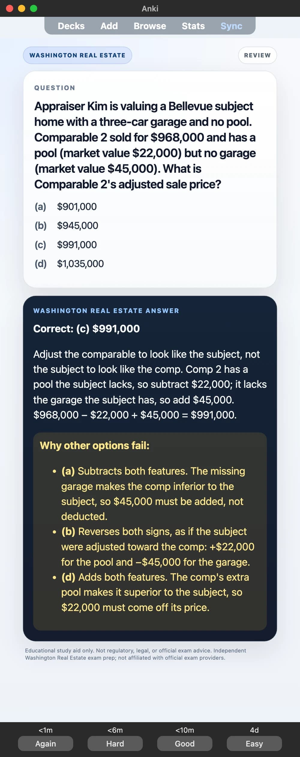 Sample Anki card: Appraiser Kim is valuing a Bellevue subject home with a three-car garage and no pool. Comparable 2 sold for $968,000 and has a pool (market value $22,000) but no garage (market value $45,000). What is Comparable 2's adjusted sale price?