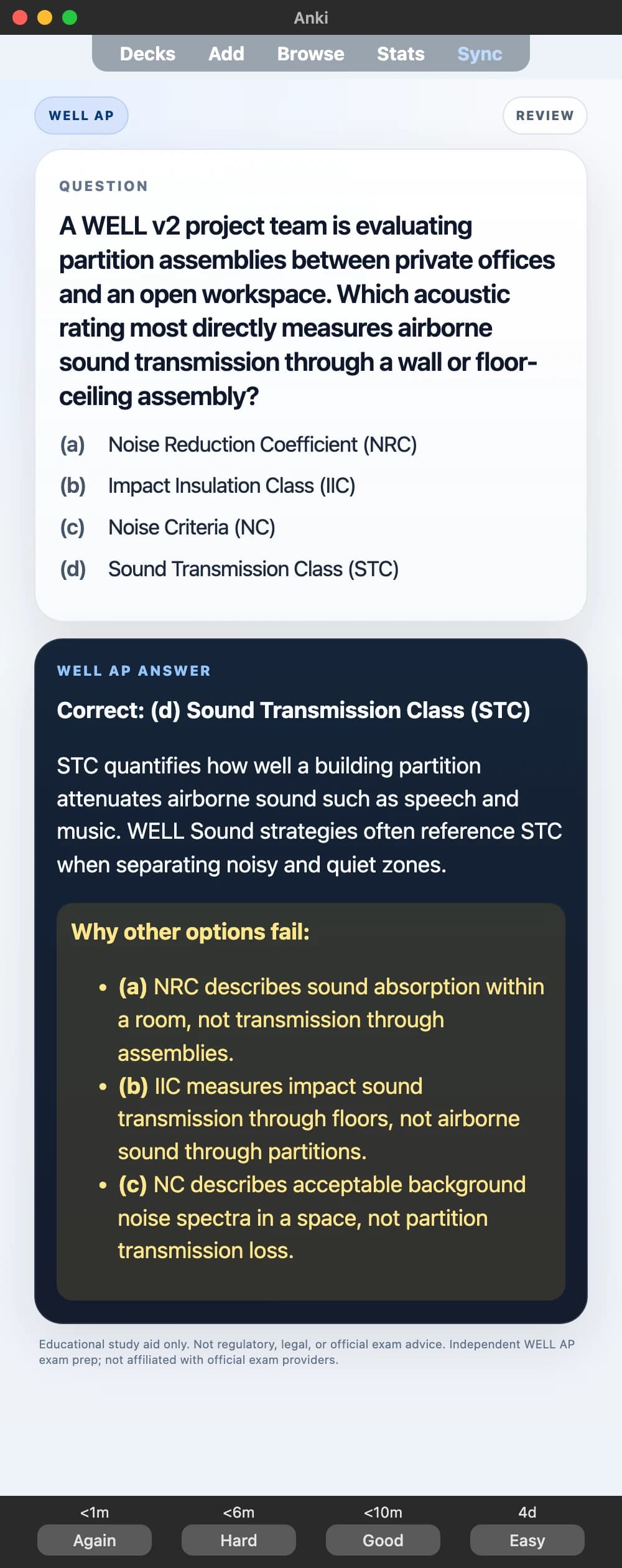 Sample Anki card: A WELL v2 project team is evaluating partition assemblies between private offices and an open workspace. Which acoustic rating most directly measures airborne sound transmission through a wall or floor-ceiling assembly?